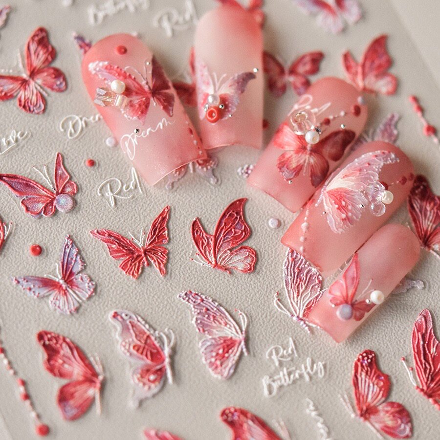 报喜红袖蝴蝶美甲贴纸招财红色蝴蝶仙气英文浮雕立体指甲装饰品贴