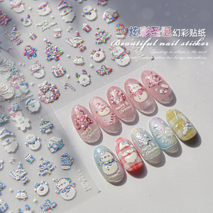 2024年新款圣诞节美甲贴纸爆闪炫彩圣诞树浮雕雪花雪人指甲装饰贴