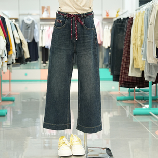 直筒裤 复古时髦休闲百搭女牛仔长裤 红色系腰绳奶奶裤 新款 2025秋季