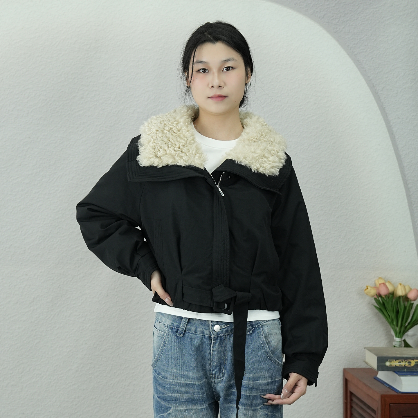 保暖羊羔毛领短款羽绒服女2025冬