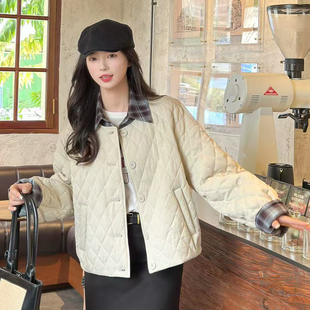 款 休闲假两件菱形格棉服女轻薄夹棉保暖外套2025冬季 时尚 棉衣韩版