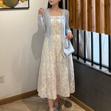 2025秋清新甜美碎花吊带气质木耳边长裙连衣裙女针织长袖外套套装