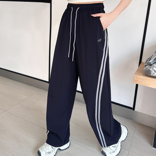 轻量复古撞色条纹高腰阔腿长裤女