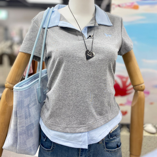学院风短袖POLO衫女假两件显瘦