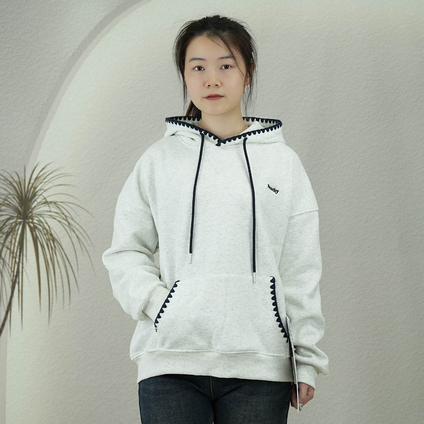 韩版宽松连帽卫衣女百搭休闲加绒刺绣滚边抽绳韩版帽衫2025冬季款