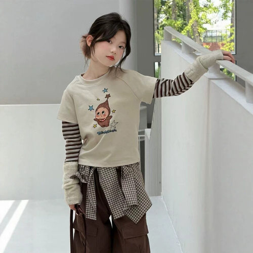 波拉bora女童假两件T恤春秋装儿童韩版小女孩拼接秋季上衣打底衫T