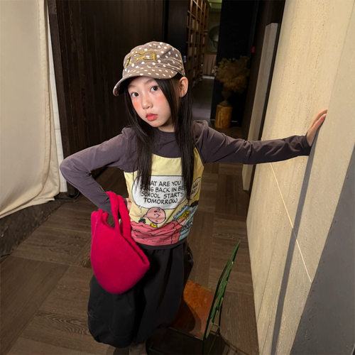 波拉bora女童秋款韩版数码两件套上衣儿童假两件撞色拼接长袖T