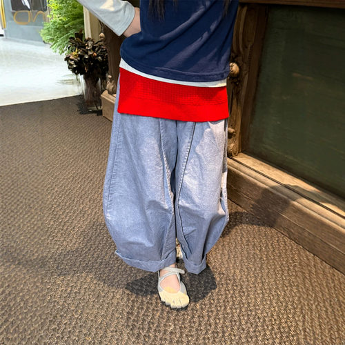 波拉bora女童秋款韩版拼缝长裤儿童宽松廓形复古阔腿休闲裤潮