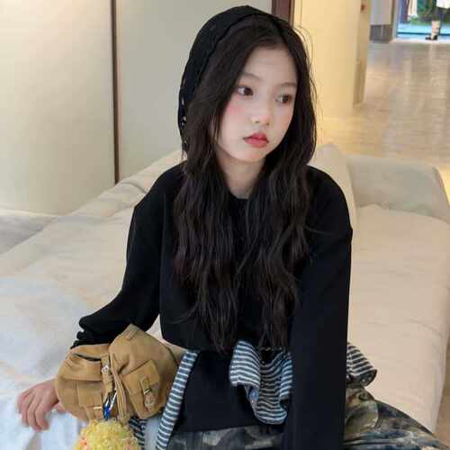 波拉bora女童蕾丝连帽T恤衫秋季女宝韩版长袖打底衫上衣修身t恤
