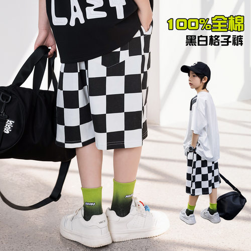 波拉bora儿童装夏季男生女孩短裤中大青少年棋盘格子休闲裤五分裤