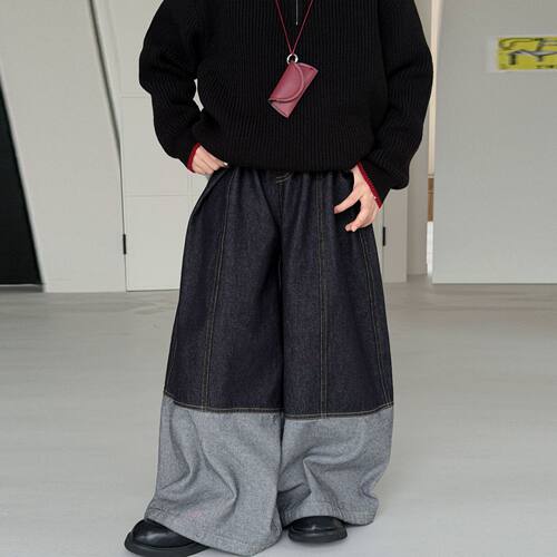 拉bora男童牛仔裤春秋潮流长裤松弛感拼色牛仔阔腿裤宽松阔腿裤潮