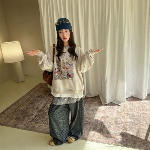 bora韩系女中大童卡通宽松长袖卫衣打底衫秋季儿童洋气条纹阔腿裤