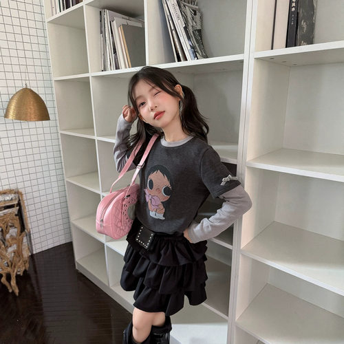 波拉bora韩系女中大童卡通拼接袖长袖打底衫T恤秋季儿童洋气上衣