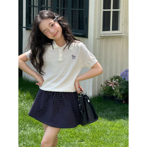 波拉bora儿童装夏女大童学院风小马刺绣POLO领短袖T恤清凉针织衫