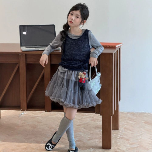 波拉bora韩系女中大童上衣两件套秋季儿童洋气半身蓬蓬裙潮