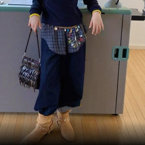 波拉bora韩系中大童格子屁帘牛仔阔腿裤秋季儿童洋气牛仔翻边裤子