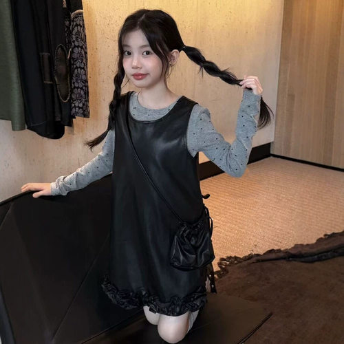 波拉bora韩系女童时髦皮裙秋季儿童秋装网红超好看套裙女孩两件套