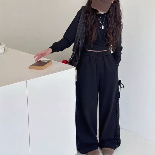 波拉bora儿童春秋时髦拼接直筒裤女童韩版洋气圆点休闲宽松阔腿裤