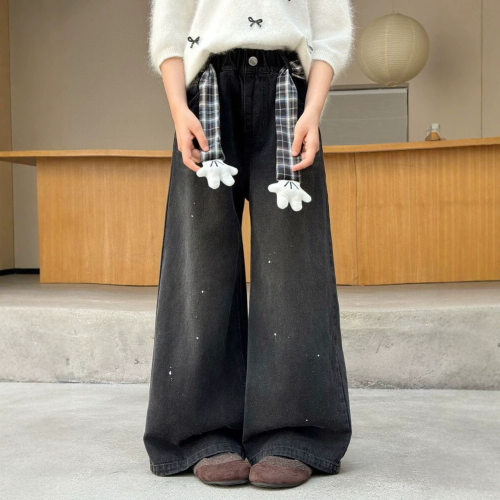 bora韩系女中大童满天星烫钻宽松直筒牛仔裤秋季儿童洋气牛仔裤子