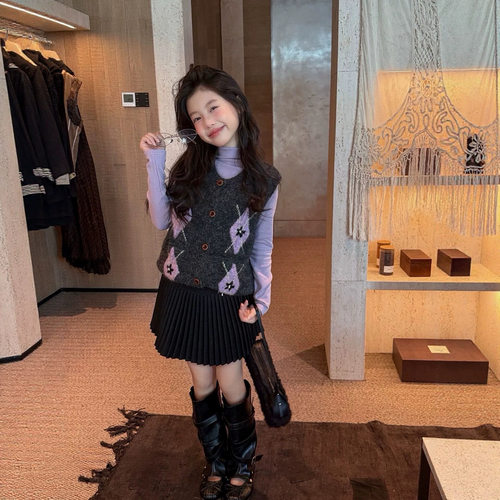 bora复古撞色菱格毛衣外套女秋冬跨境高级感宽松圆领针织开衫马甲