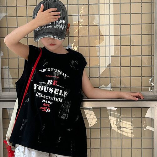 bora夏款儿童背心 韩版复古手工刷脏做旧字母螺纹袖男女童无袖T恤