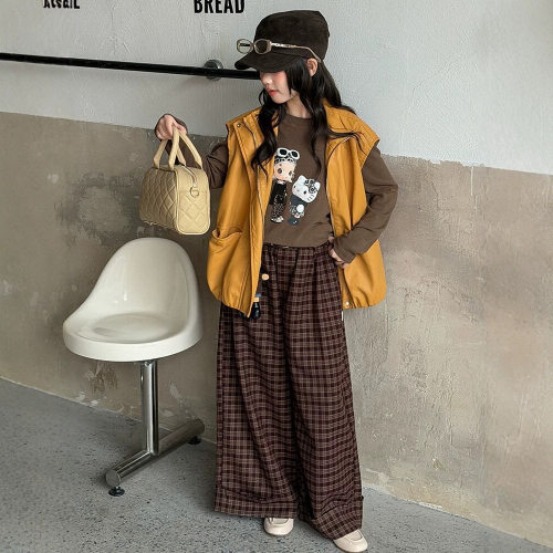 波拉bora韩系秋女童休闲格纹长裤春秋季百搭格子直筒裤子阔腿裤