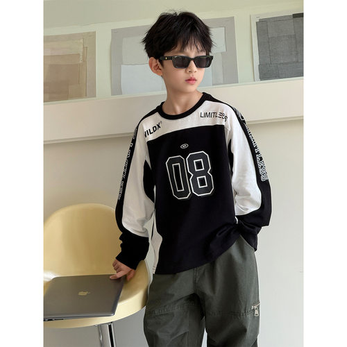 bora秋季美式赛车风黑白拼色儿童长袖上衣男童个性字母印花插肩T