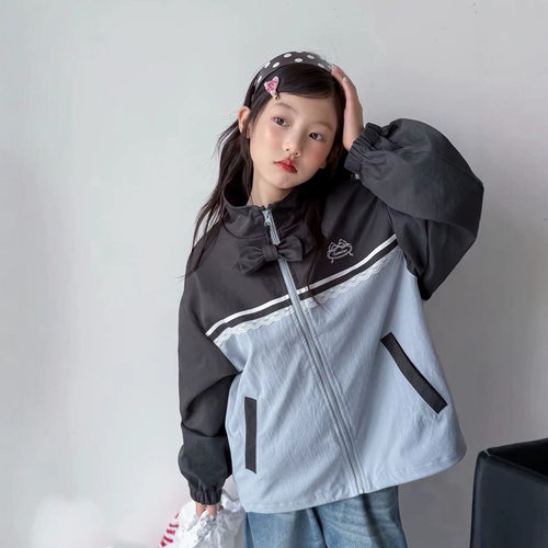 波拉bora撞色立领拉链外套女中大童秋季洋气时髦蕾丝拼接休闲夹克