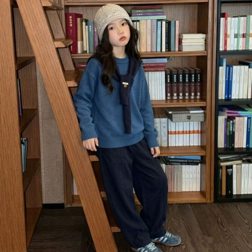 bora韩系同款蓝色套头毛衣女冬季韩系慵懒风假两件披肩针织上衣秋