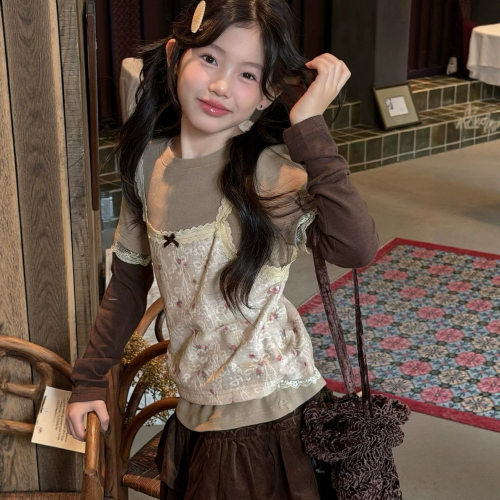 bora韩系女中大童碎花假两件长袖打底衫秋季新儿童洋气蓬蓬裙裤潮