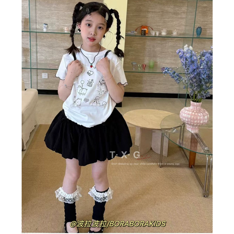 波拉实体店儿童装夏中大女孩童青少年短袖T恤花苞灯笼短裙裤套装