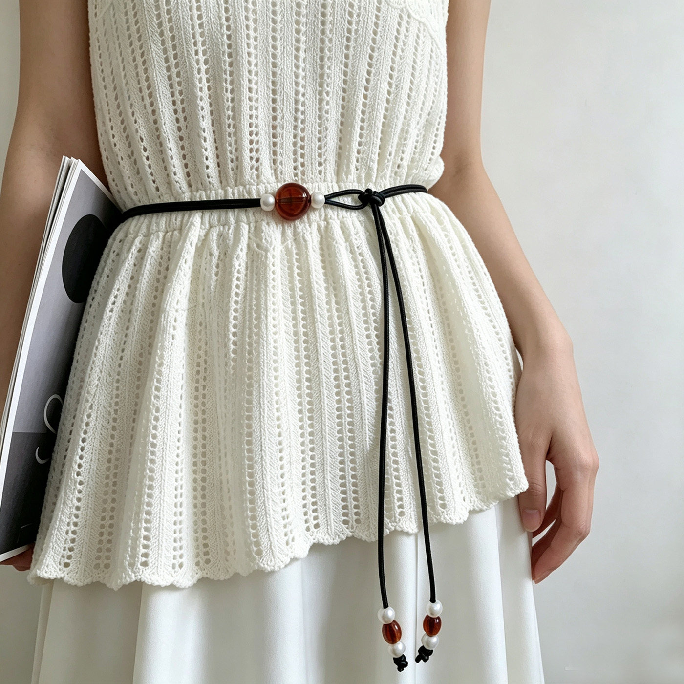新中式焦糖珍珠细腰绳 可调节连衣裙装饰黑腰带长裙百搭软腰链