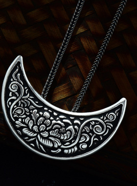 990纯银吊坠足银项坠牡丹花月牙文艺坠子挂件古风汉服项链配饰女