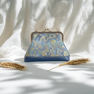 张和才龙戏牡丹真丝古蜀锦牛皮包包名家经典气质饺子包