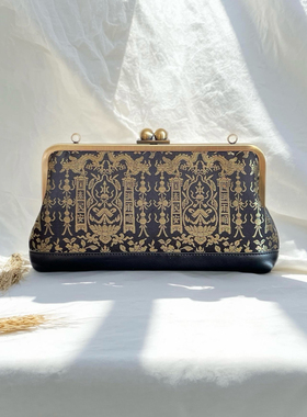 上久楷黑金葫芦灯笼纹锦桑蚕丝宋锦牛皮包包，名家经典黑色腋下包