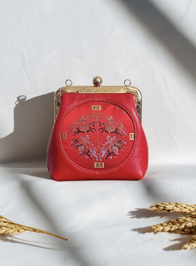 连珠四大天王狩狮纹锦真丝宋锦牛皮包包，非遗手作女包红色包包