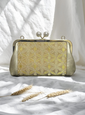 李德喜钱途无量真丝宋锦牛皮包包，名家气质女包，金色手拿包