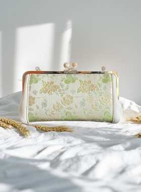 钱小萍茉莉青梅真丝宋锦Togo牛皮包包手拿包腋下包，清新淡雅女包