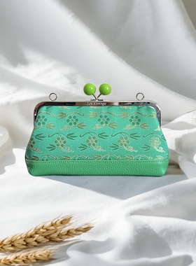 上久楷织银绿色梅花真丝宋锦牛皮包包，名家非遗生机盎然绿色包包