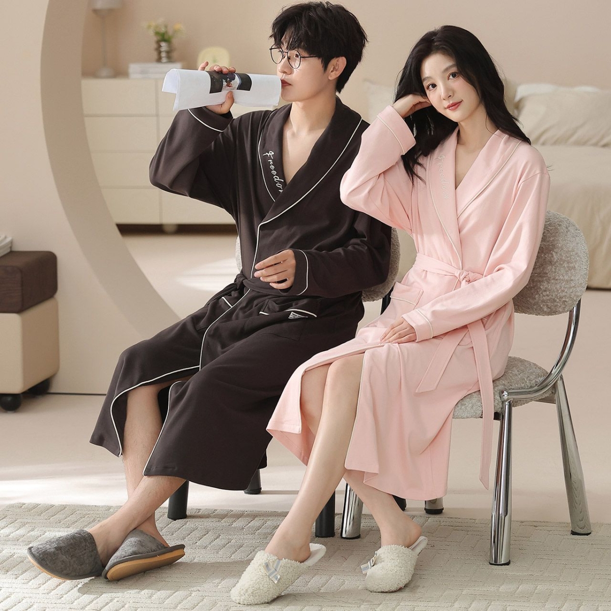 情侣睡袍-春秋季开衫长袖中长款睡袍女士居家服秋款男士浴袍