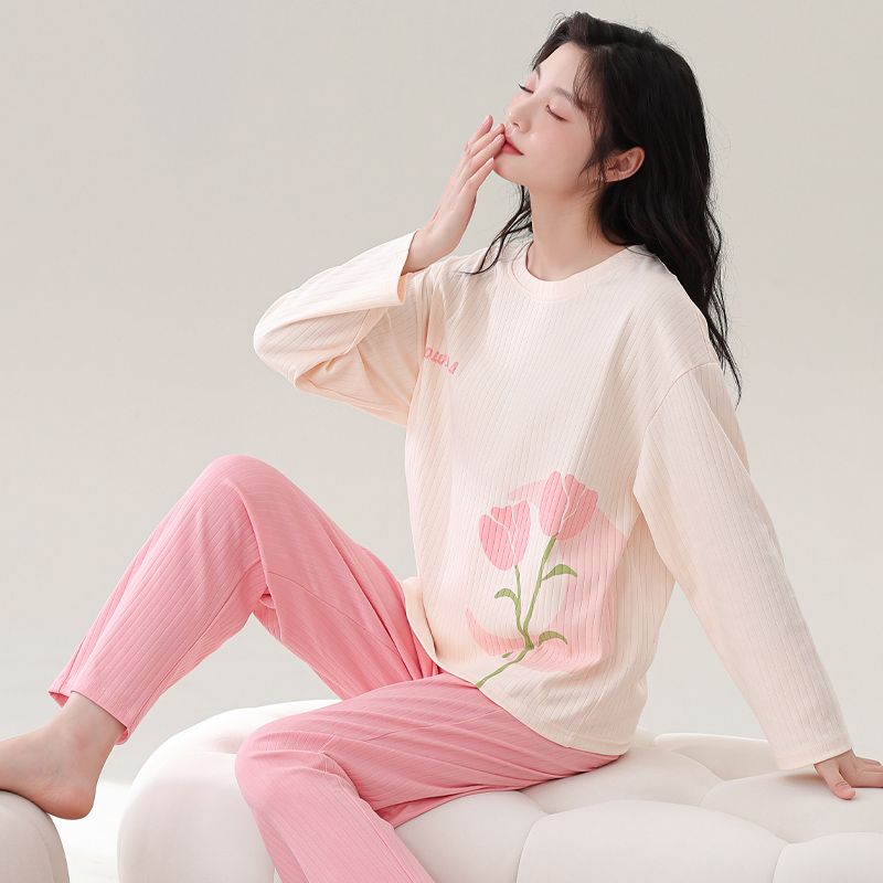 女士睡衣-秋冬季薄款长袖长裤可外穿出门宽松家居服套装