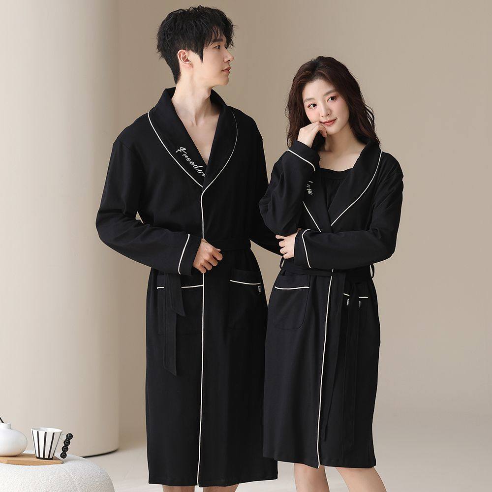 情侣睡袍-春秋季开衫长袖中长款睡袍女士居家服秋款男士浴袍