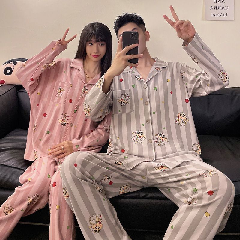 情侣睡衣-春秋季开衫翻领长袖长裤女卡通可爱宽松男士家居服套装