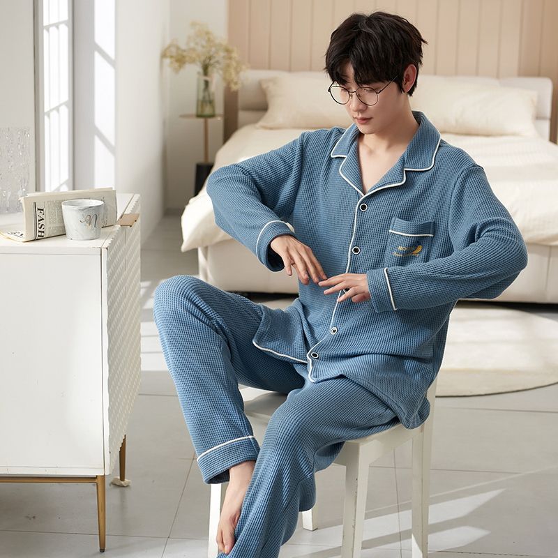 男士睡衣-华夫格开衫长袖长裤冬季宽松休闲家居服套装