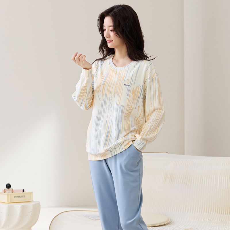 女士睡衣-秋冬季薄款长袖长裤可外穿出门宽松家居服套装