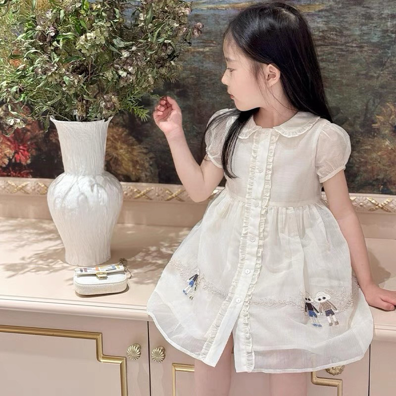 儿童礼服表演裙女童夏季重工刺绣花边领连衣裙定制生日公主裙