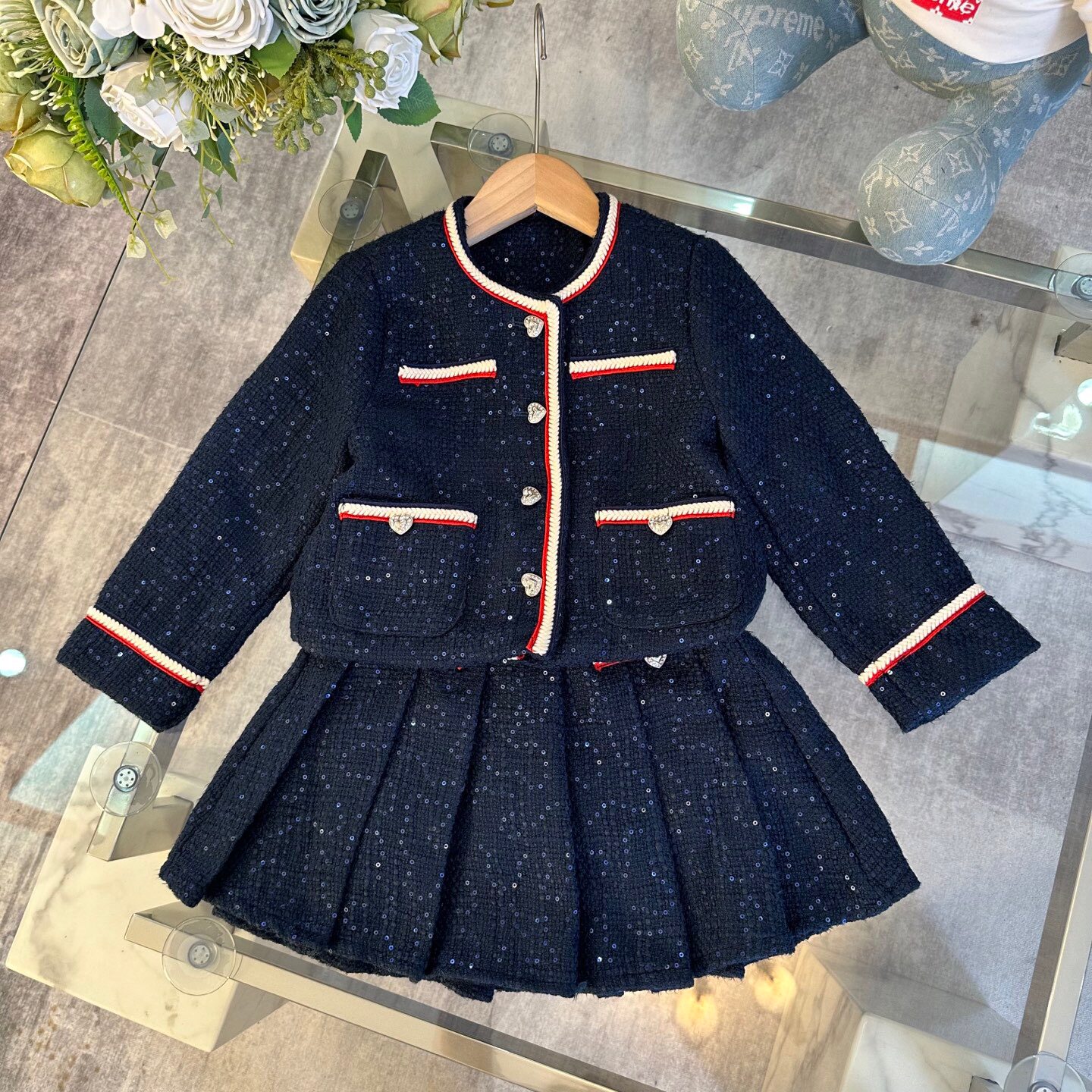 女童百褶裙套装秋冬新款中大童两片小香风外套半身百褶裙两件套