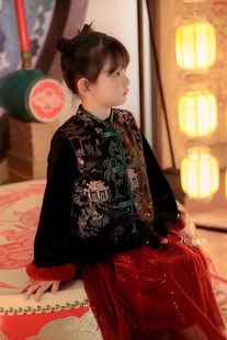 儿童拜年服夹棉背心马甲女童改良款中国风复古唐装亲子装丝绒长裙