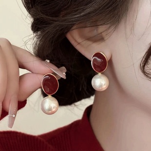 纯银新款9999耳环冬季新款日韩红色珠珠耳针轻奢高级感百搭精致温