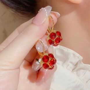 耳环9999纯银针女正品红色钻球花朵锆石微镶耳线轻奢高级感流行百